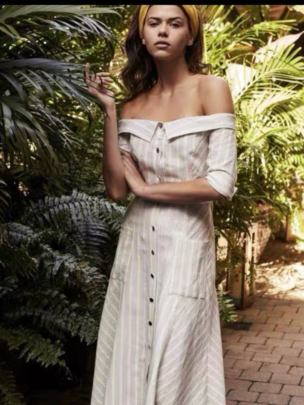 Veronica Beard Cream Striped Off-Shoulder Button Dress